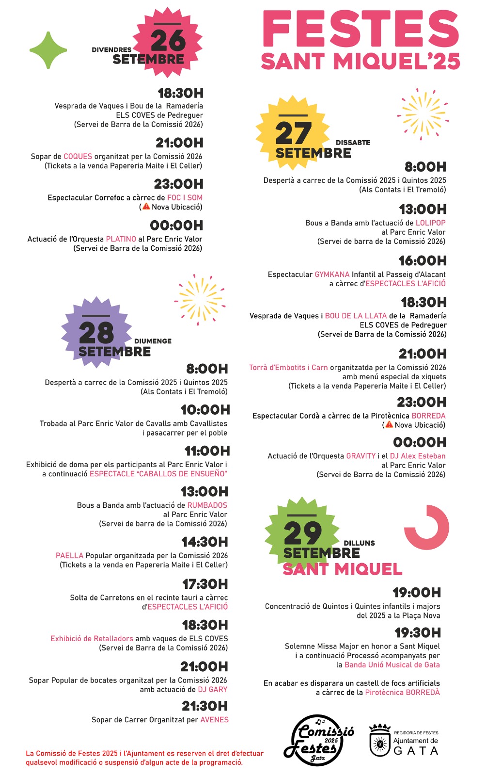 DEMÀ ARRIBEN LES FESTES DE SANT MIQUEL, PATRÓ TITULAR DE LA PARRÒQUIA. DILLUNS FESTA LOCAL: vaques, sopars, correfoc, espectacles, retalladors, cavalls, processó i castell