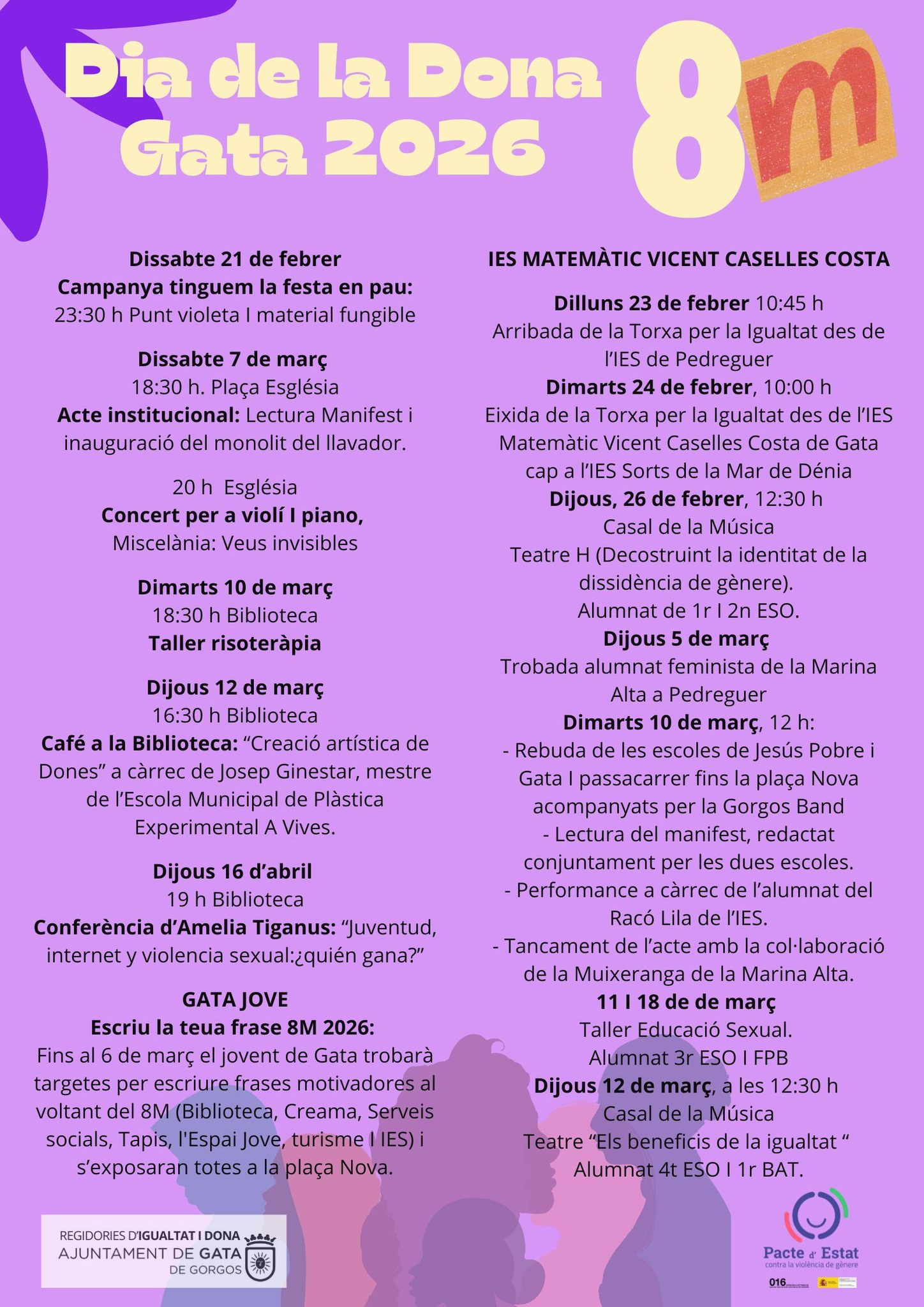 LA CELEBRACIÓ DEL 8M A GATA: ACTE INSTITUCIONAL, MANIFESTS, LLATADORES, MONOLIT A L'ANTIC LLAVADOR DEL RAVAL, MÚSICA, MUIXERANGA,...