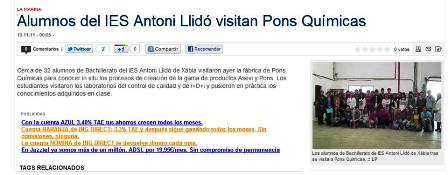LA PREMSA PARLA HUI DE GATA: De la visita dels alumnes de Xàbia a Pons Químicas