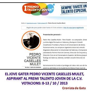 EL JOVE GATER MÚSIC COMPOSITOR PEDRO VICENTE CASELLES MULET, CANDIDAT AL PREMI TALENT JOVE DE LA C.V.