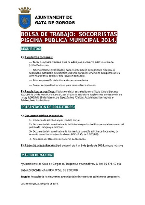 DEMÀ S'OBRI LA BOSSA DE TREBALL PER A SOCORRISTES DE LA PISCINA MUNICIPAL