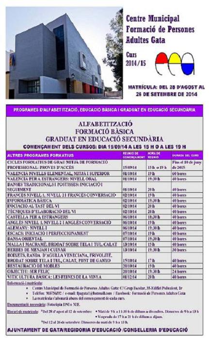 OBERTA LA MATRICULACIÓ PER ALS CURSOS DEL CENTRE MUNICIPAL DE FORMACIÓ DE PERSONES ADULTES (CFPA) DE GATA