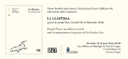 GATA: DEMÀ, PRESENTA A LA BIBLIOTECA EL SEU LLIBRE DE POEMES VICENT BOTELLA I SOLER