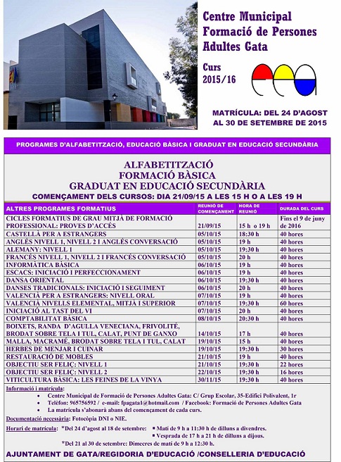 EL CENTRE DADULTS (CFPA) DE GATA INICIA EL CURS ESCOLAR 2015-2016