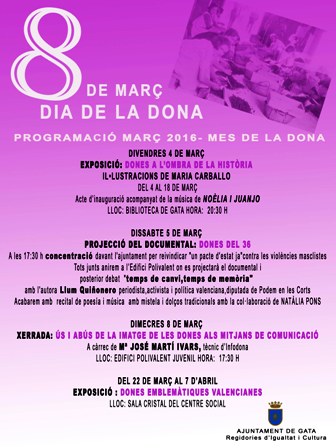 MARÇ, MARCER, CARASSER. CALENDARI GATER DEL MES: Mes de la Dona, presentacions, Ralli fotogràfic, Volta a peuSetmana Santa i Pasqües