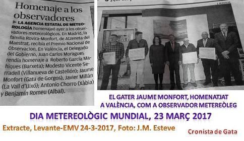 EL GATER JAUME MONFORT, HOMENATJAT COM A OBSERVADOR METEREOLÒGIC