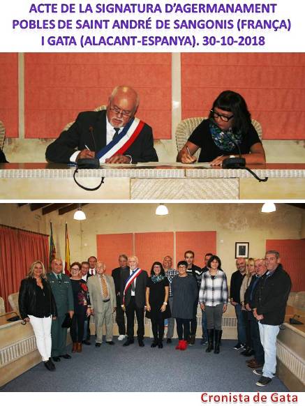 GATA DE GORGOS I SAINT ANDRÉ DE SANGONIS, AGERMANATS: ALCALDESSA I ALCALDE SIGNEN L'HISTÒRIC DOCUMENT