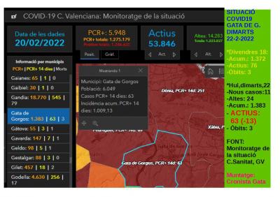 COVID19, GATA: SEGUIM CAP AVALL. SOLS 11 CASOS MÉS. HUI DIMARTS 22, 63 ACTIUS. INCIDÈNCIA, 1.009,13
