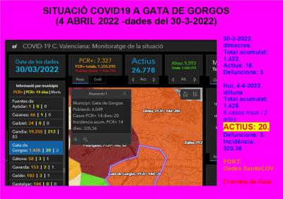 COVID19, GATA: SIS CASOS NOUS. TENIM 20 ACTIUS. INCIDÈNCIA: 320,36