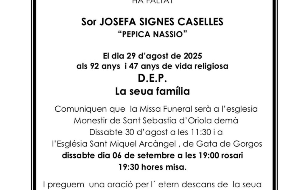 HA MORT A ORIOLA LA RELIGIOSA AGUSTINA GATERA SOR JOSEFA SIGNES CASELLES (Pepica Nasio). D.E.P.