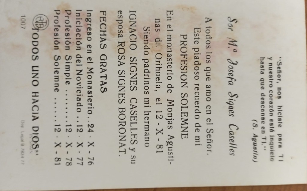 FOTOGRAFIES ANTIGUES...I D'ABANS (Gata en el record) (Nº 1907). PROFESSIÓ SOLEMNE DE SOR MARÍA JOSEFA SIGNES CASELLES, 12-10-1981. Demà rosari i missa a Gata