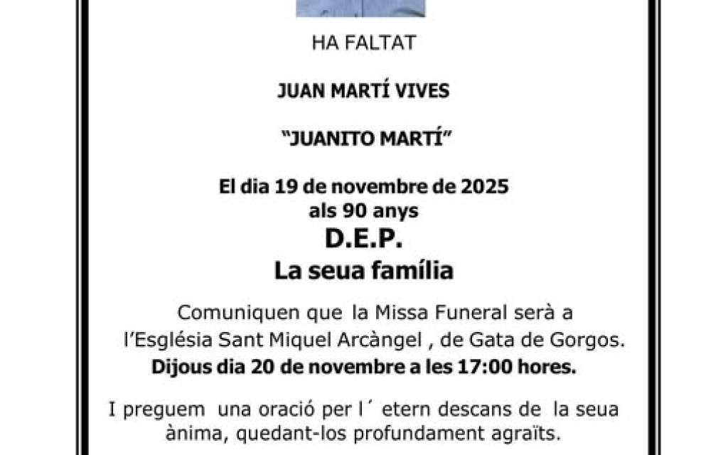 ENS DEIXA LÚLTIM GERMÀ DE LA SAGA DELS MARTÍ DEL BAR, JUANITO. Als 90 anys. Demà serà l'enterro (Foto portada Gavilà)