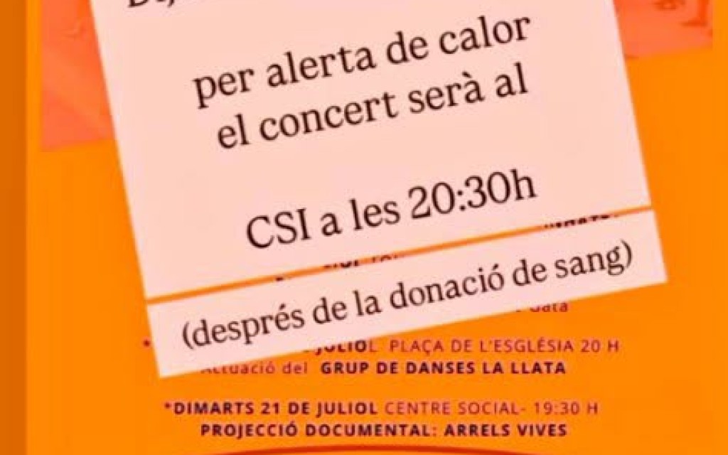 ATENCIÓ, AVÍS PARROQUIAL: L'ALERTA TARONJA PEL CALOR PORTA LA NOVENA A L'ESGLÉSIA. També s'ha suspés la donació de sang i el Cor Gospel CODA actuarà a les 20:30 h.al CSI (Art al Vent)