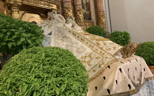 HUI ES FESTEJA A LA MARE DE DÉU GITADA. A GATA, UN GRUP DE VOLUNTÀRIES I VOLUNTARI PREPAREN A LA VERGE I DISPOSEN LES ALFÀBEGUES