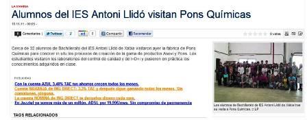 LA PREMSA PARLA HUI DE GATA: De la visita dels alumnes de Xàbia a Pons Químicas