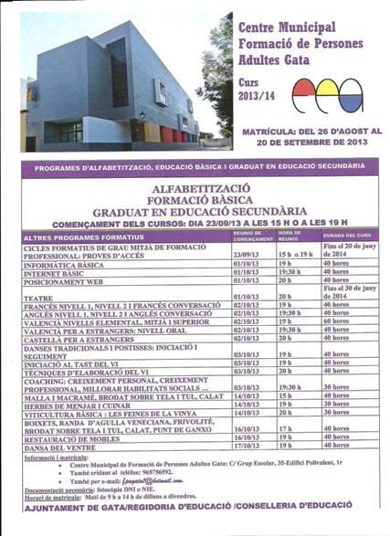 COMENÇA LA MATRICULACIÓ PER A L'ESCOLA D'ADULTS (FPA) A GATA
