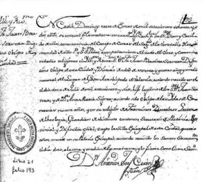 HISTÒRIA LOCAL: DOCUMENT DE SOTERRAMENT DEL BISBE SERVERA (Catedral de Cádiz, 1782)