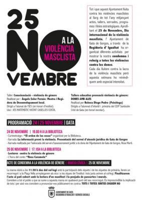 DIVENDRES 25 ÉS EL DIA INTERNACIONAL CONTRA LA VIOLÈNCIA DE GÈNERE; A GATA, ACTES RECORDATORIS EN TOTA LA SETMANA