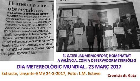 EL GATER JAUME MONFORT, HOMENATJAT COM A OBSERVADOR METEREOLÒGIC