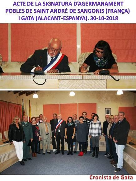 GATA DE GORGOS I SAINT ANDRÉ DE SANGONIS, AGERMANATS: ALCALDESSA I ALCALDE SIGNEN L'HISTÒRIC DOCUMENT