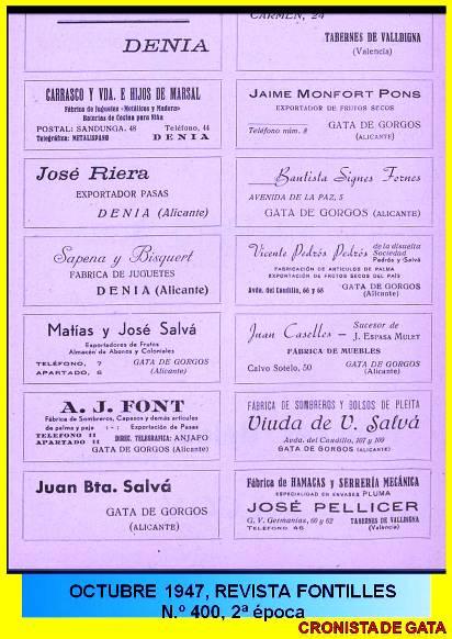 FOTOGRAFIES ANTIGUESI D'ABANS (Gata en el record) (1.837): PUBLICITATS D'EMPRESES GATERES A LA REVISTA FONTILLES, 1947