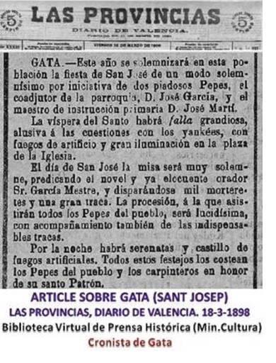 EFEMÈRIDES JOSEFINES A GATA: FALLES EN 1898 I ANYS 50. ELS JÚNIORS TAMBÉ; FUNDACIÓ DEL COR SERRILLÀS (1978) I UN SUCCÉS, EN 1987 VA CAURE EL BADALL D'UNA CAMPANA