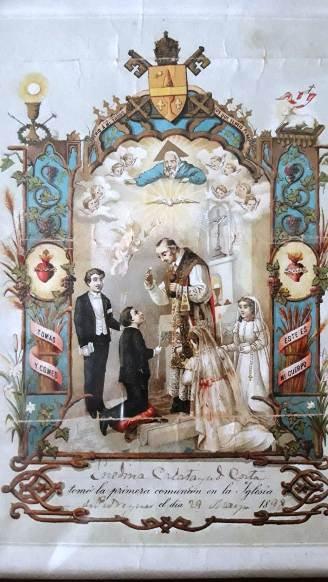 FOTOGRAFIES ANTIGUES (Gata en el record) (1.875): UN RECORDATORI DE PRIMERA COMUNIÓ DEL SEGLE XIX (Propietat de Ana Pedrós Salvá)