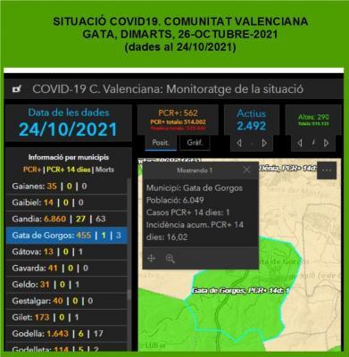 COVID19, GATA: DIMARTS 26 OCTUBRE, CAP NOU CONTAGI I ENCARA SOLS 1 ACTIU