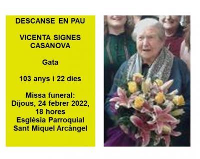 ENS DEIXA LA DONA MÉS VELLETA DE GATA. VICENTA SIGNES CASANOVA MOR ALS 103 ANYS I 22 DIES