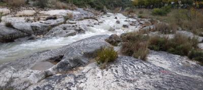 EL RIU GORGOS FA UNA XICOTETA CRESCUDA ESTA MATINADA AL SEU PAS PER GATA: SEGON DIA DE LA SEGONA RIUADA. Ja portem 85,6 litres des del dia 14 al centre del poble