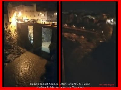 TORNA A AUGMENTAR EL RIU GORGOS AL PAS PER GATA: FORTA PUJADA AQUESTA NIT. Pluges tot el dia, L'episodi plujós suma al poble 120,6 litres
