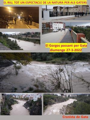 EL RIU DE GATA, TOT UN ESPECTACLE DE LA NATURA PER ALS GATERS. Nombrosos veïns no volen perdre's la gran riuada del Gorgos (hui, diumenge 27/3/2022)