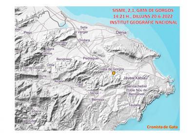 ES DETECTA UN XICOTET TERRATREMOL AMB EPICENTRE A GATA (14,21 h. del 20-6-2022; a 30 kms. de profunditat; 2,1 graus Escala Ritcher)