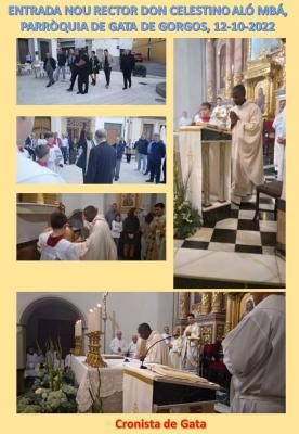 EL NOU PREVERE DE GATA, DON CELESTINO ALÓ MBÁ, PREN POSSESSIÓ DE LA PARRÒQUIA DE SANT MIQUEL ARCÀNGEL. El temple estava ple de fidels. Prèviament va estar en l'ermita i el cementeri. També va assistir a l'ajuntament on va signar al llibre d'honor