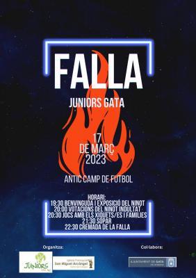 EL JÚNIOR DE GATA PLANTA I CREMA HUI LA SEUA FALLA. Exposició, ninot indultat, jocs, sopar i cremà. Història fallera a Gata (1): 2015 i 2011, també juniors; anys 50 del segle XX, joves de la parròquia