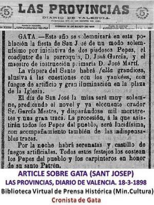 HUI DIA DE SANT JOSEPFELICITACIONS ALS QUE CELEBREN LA SEUA ONOMÀSTICA. Festa en 1898; 45 anys de Cor Serrillas i 36 de la caiguda del badall d'una campana (parla la història)