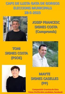 HUI 26/4 ES PUBLIQUEN AL BOP LES CANDIDATURES A LES ELECCIONS DEL 28 DE MAIG. LES 3 DE GATA LES ENCAPÇALEN: JOSEP FRANCESC SIGNES COSTA (Compromís), ANTONIO JOSÉ SIGNES COSTA (PSOE) i MARÍA TERESA SIGNES CASELLES (PP).