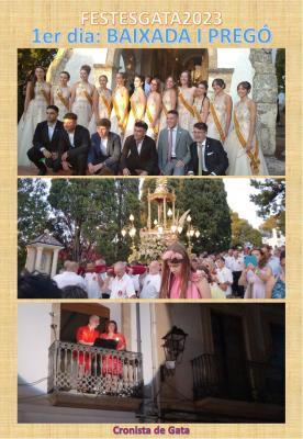 FESTES2023GATA: CRÒNICA DEL 1erDIA: BAIXADA DEL CRIST I PREGÓ PER PAQUI I JAUME (PAYASOSPITAL)