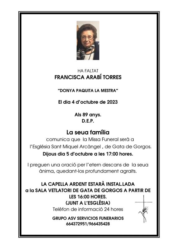 HA FALTAT DONYA PAQUITA LA MESTRA (Francisca Arabí Torres). D.E.P.