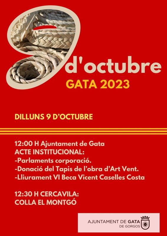 HUI 9 D'OCTUBRE ÉS LA FESTA DELS VALENCIANS. A Gata, parlaments oficials; VI Premi Vicent Caselles i Costa i donació del TAPIS.
        La Colla el Montgó farà un passacarrer