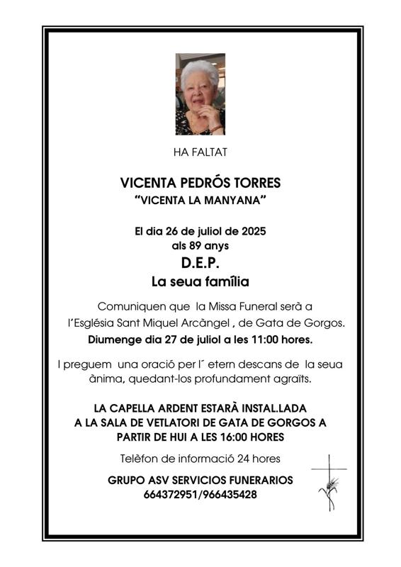 HA FALTAT VICENTA PEDRÓS TORRES, LA MANYANA, LA MARE DE LA MEUA DONA (D.E.P.) 
