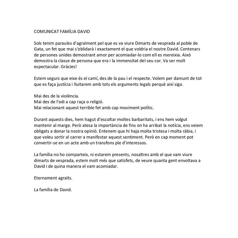 COMUNICAT DE LA FAMÍLIA DE DAVID; ACORDS DE LA JUNTA DE PORTAVEUS DE L'AJUNTAMENT DE GATA
